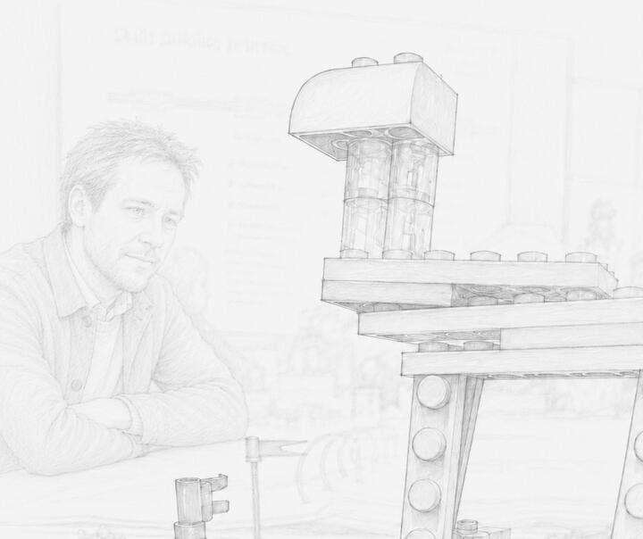 Sketch illustration of a person examining a brick-based model during a facilitation session