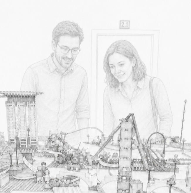 Sketch illustration of two people examining brick-based models together at the end of a session